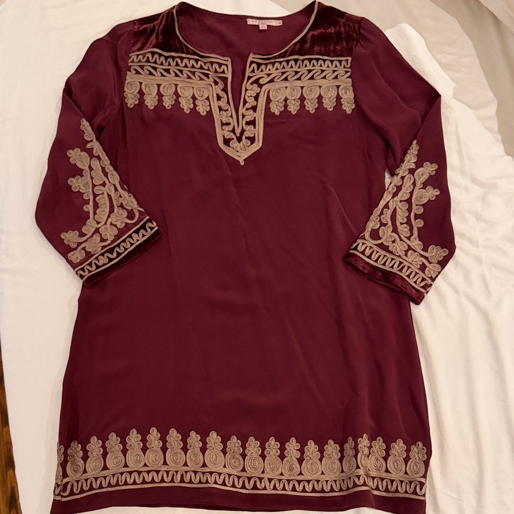 Calypso St. Barth Silk Burgundy Embroidered Women's Tunic Sz M